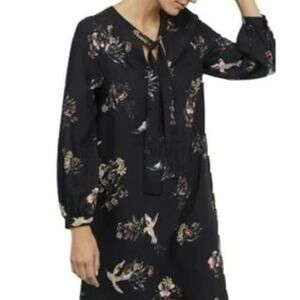H&M Floral Bird Print V Neck Tie Neck Long Sleeve Black Shift Dress Size 12